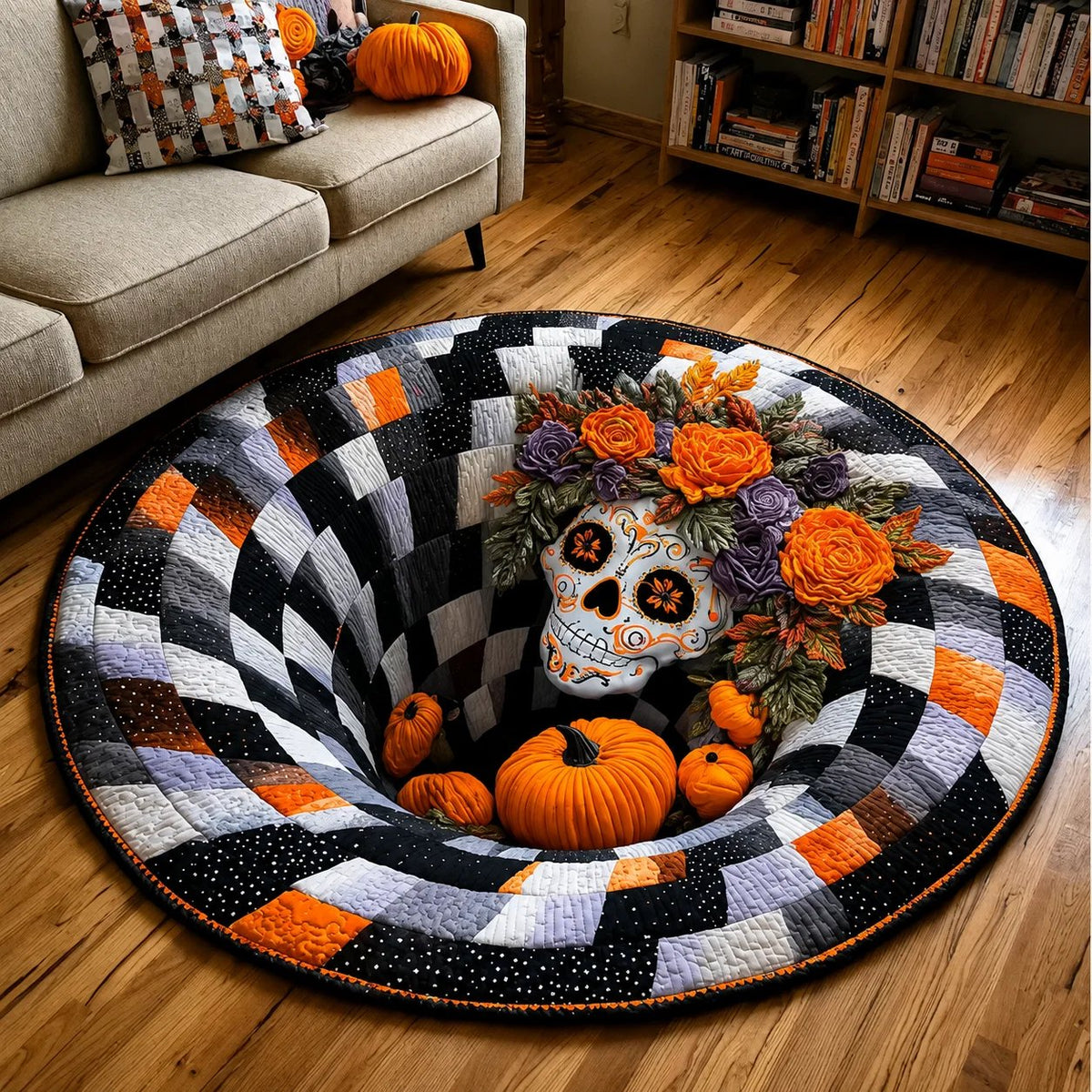 3D visual effects Skeleton Vortex Quilted Round Halloween Rug