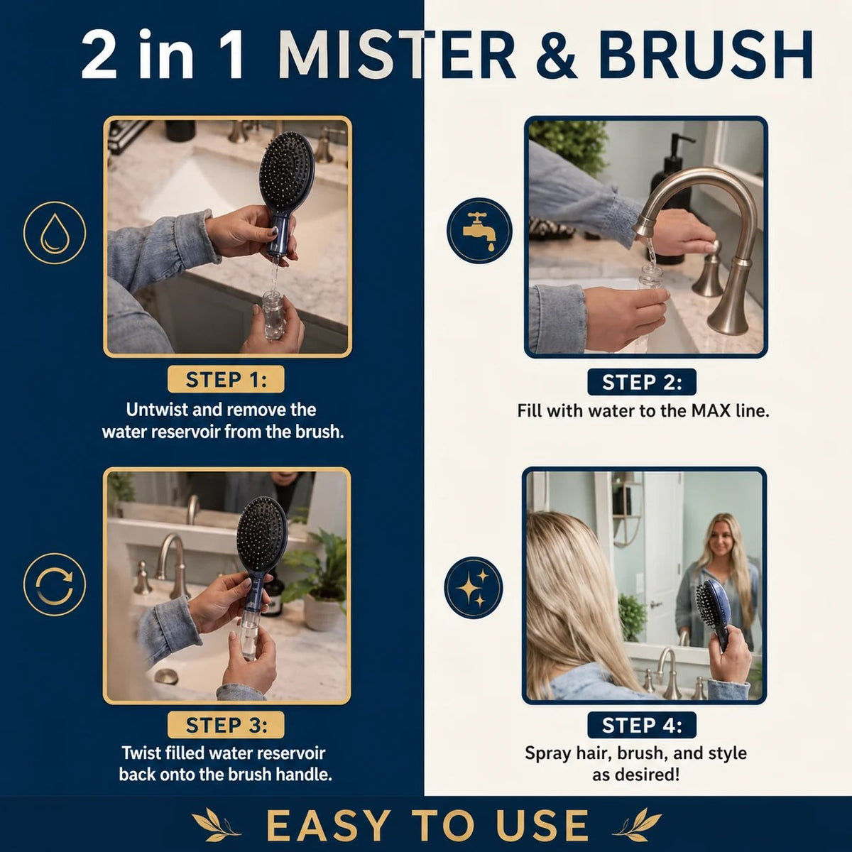 Mist & Brush Hair Tool with Built-In Water Reservoir for Wet & Dry Styling