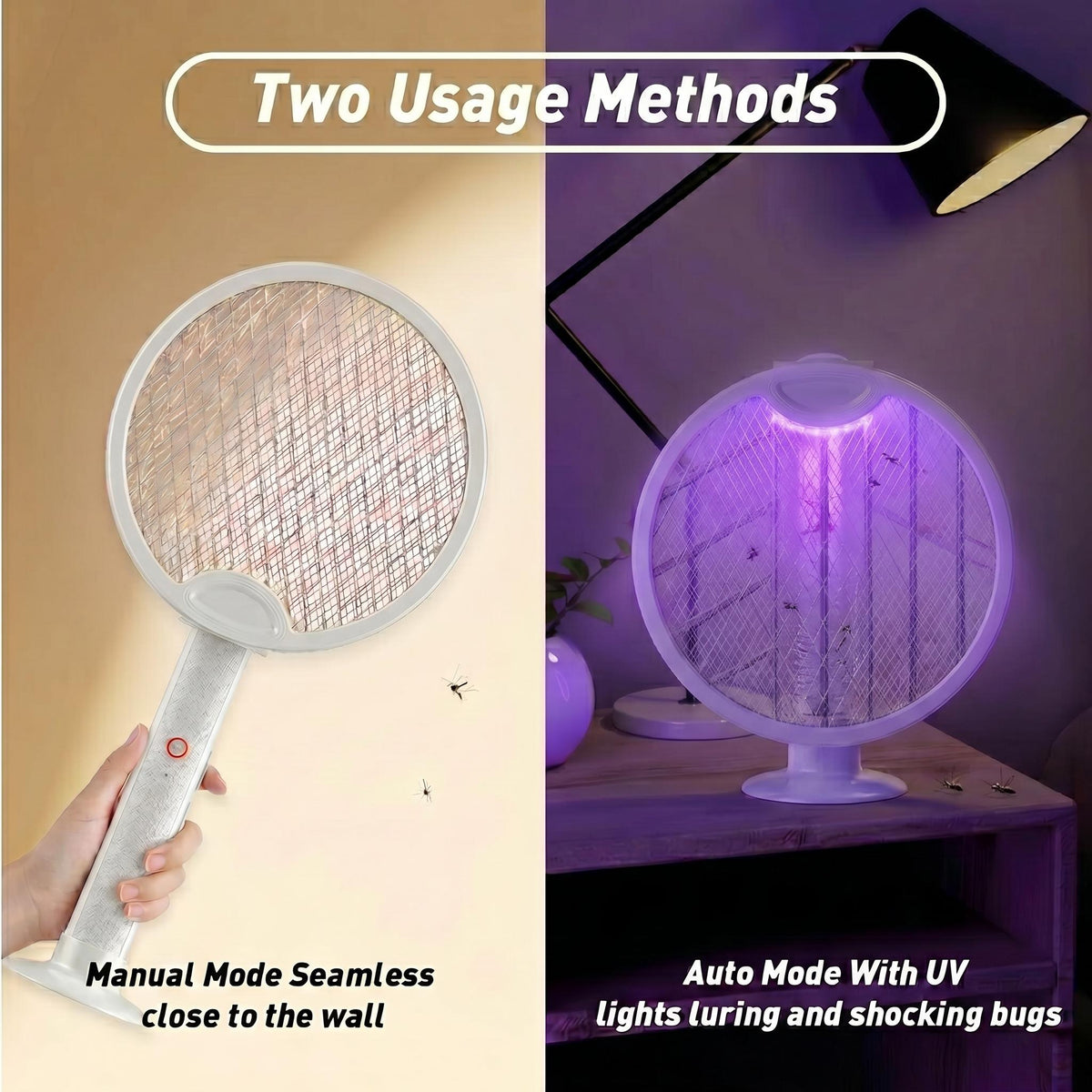 Foldable Electric Fly Swatter Racket 3000V – USB Rechargeable 2-in-1 Bug Zapper & UV Mosquito Trap, 1200mAh