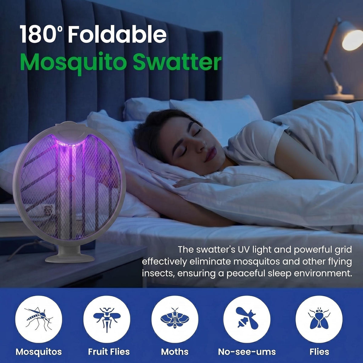 Foldable Electric Fly Swatter Racket 3000V – USB Rechargeable 2-in-1 Bug Zapper & UV Mosquito Trap, 1200mAh
