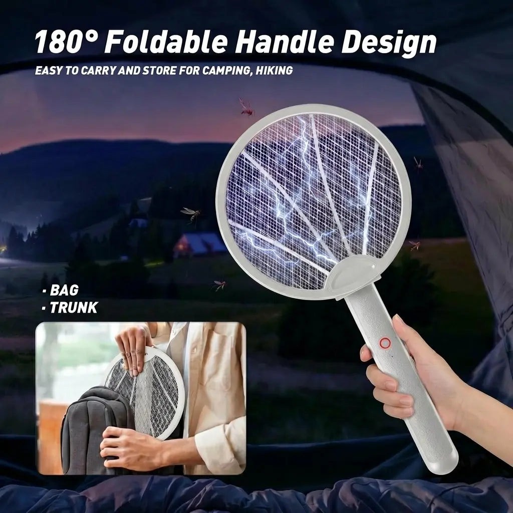 Foldable Electric Fly Swatter Racket 3000V – USB Rechargeable 2-in-1 Bug Zapper & UV Mosquito Trap, 1200mAh