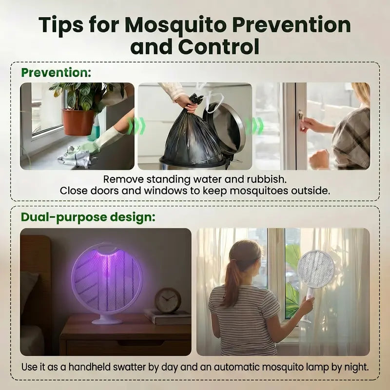 Foldable Electric Fly Swatter Racket 3000V – USB Rechargeable 2-in-1 Bug Zapper & UV Mosquito Trap, 1200mAh
