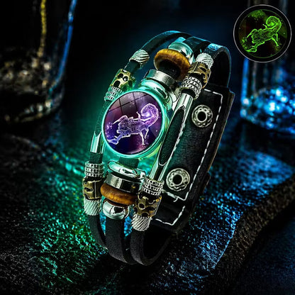 💥Limited-time 50% off ☪️Glow-in-the-dark leather zodiac sign bracelet for men and women (6.9/8.1 inches)♑️