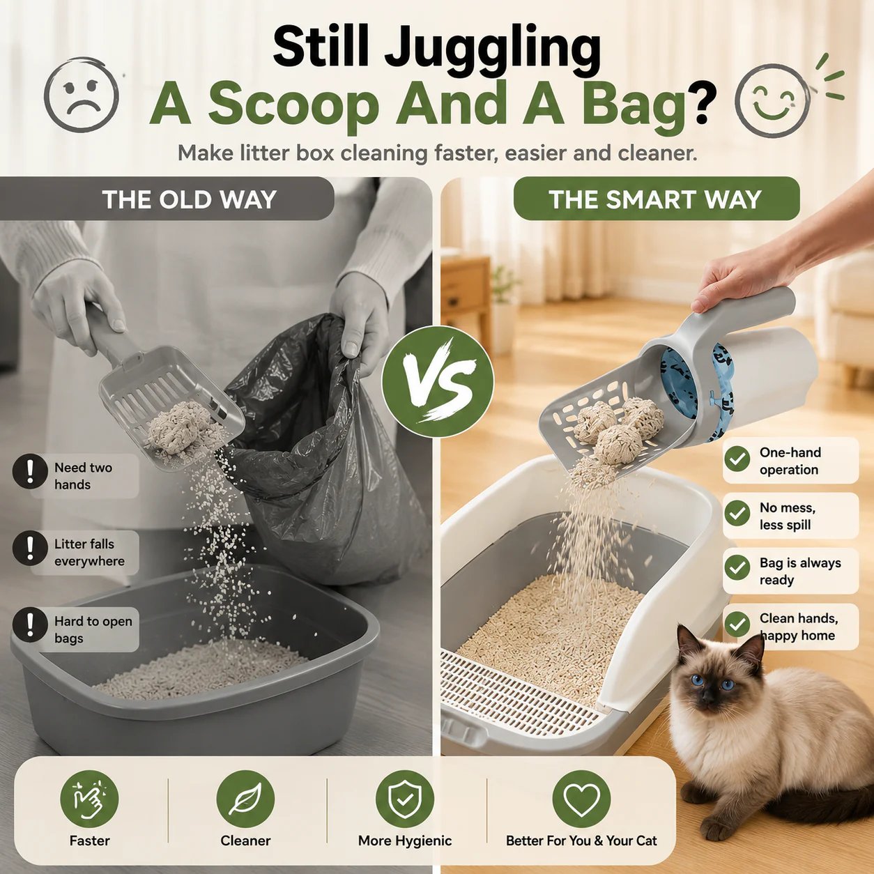 🎉Recogedor de arena para gatos con soporte, sistema 2 en 1 desmontable de criba y caja de basura con bolsas de recambio