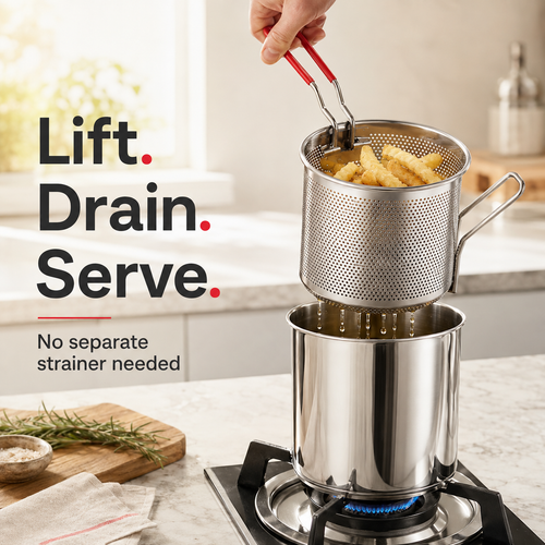 2026🍟 Personal Mini Deep Fryer Set – 304  Stainless Steel Pot with Lift-Out Draining Basket & Food Tongs