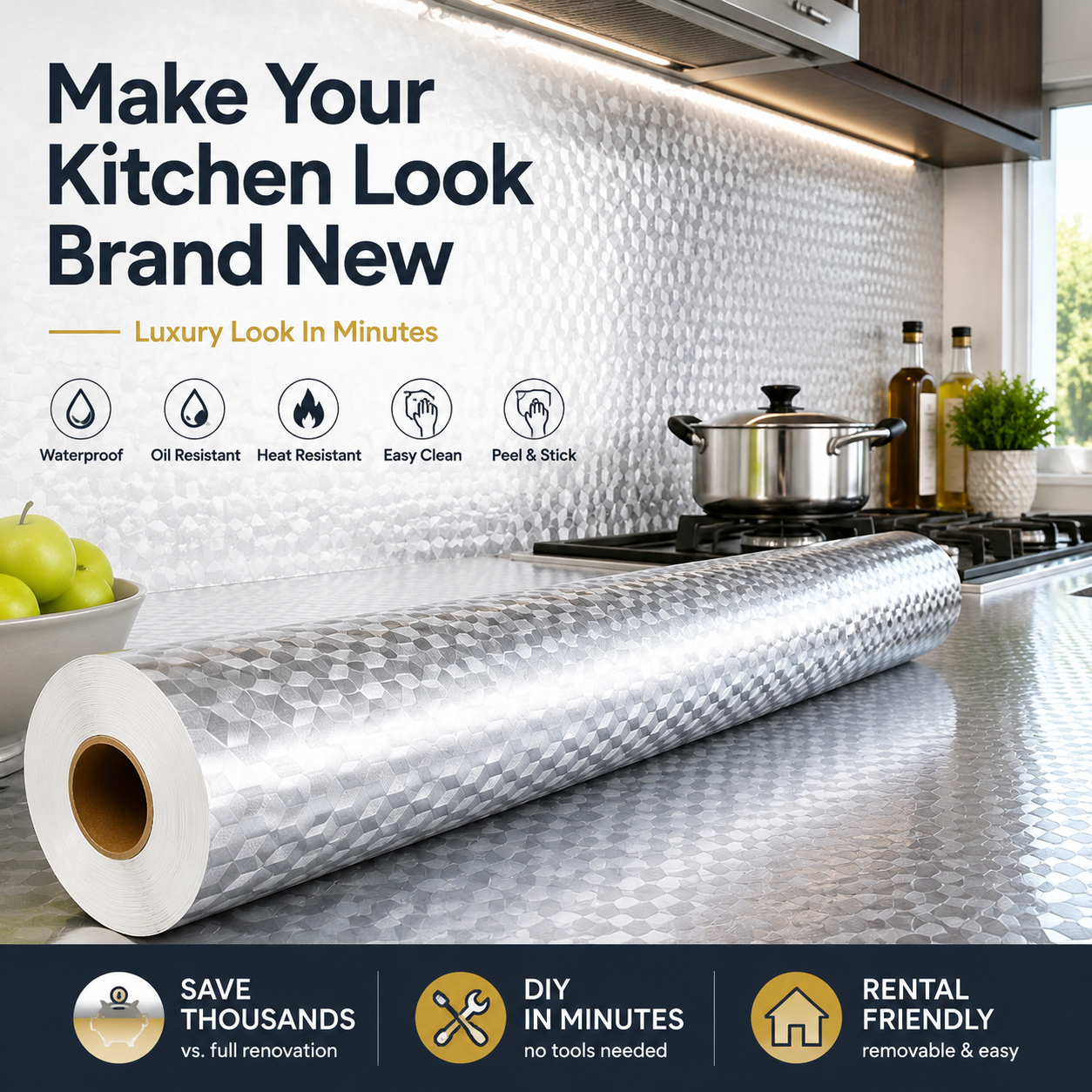🔥 LAST DAY 50% OFF-Peel & Stick Kitchen Makeover Film – Waterproof DIY Countertop & Cabinet Cover