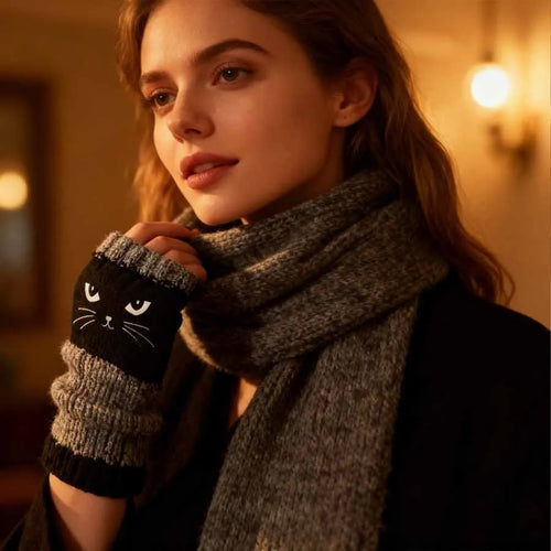 Let cats warm your hands🐱Knitted Fingerless Gloves🧶