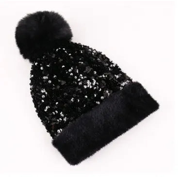 Sequin Fur Pom Beanie