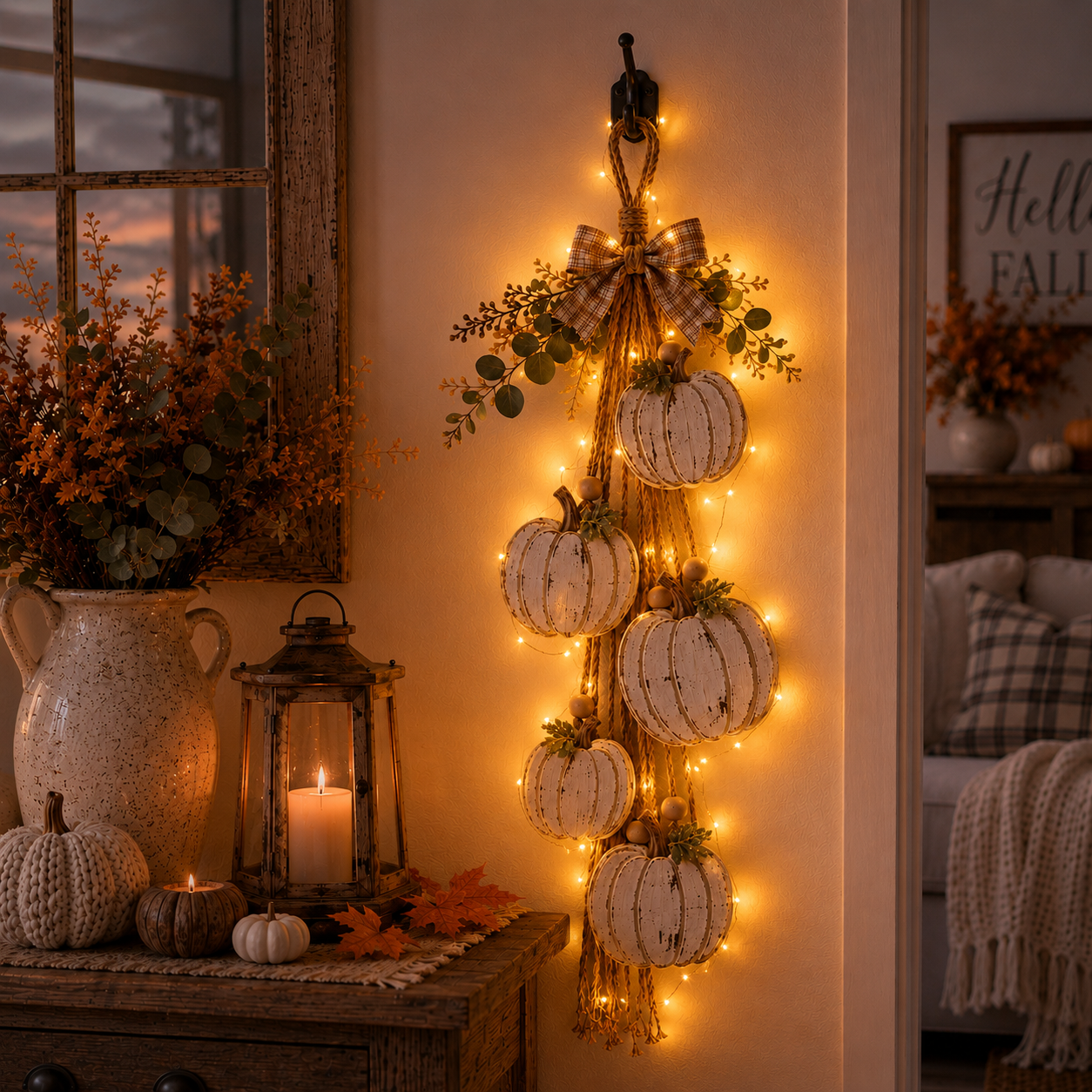 Rustic White Pumpkin Hanging Swag – Fall Door & Wall Decoration for Farmhouse Autumn Decor