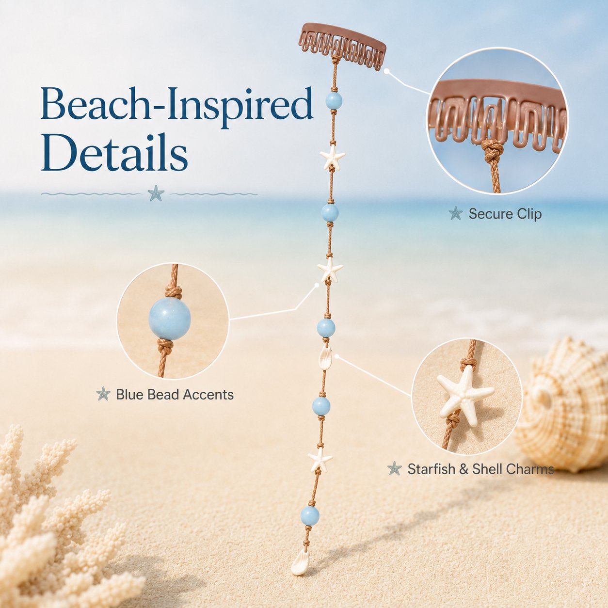 🎉🌊⭐Beachy Mermaid Hair Accent Clip (Featuring blue bead accents, starfish, and shell charms)