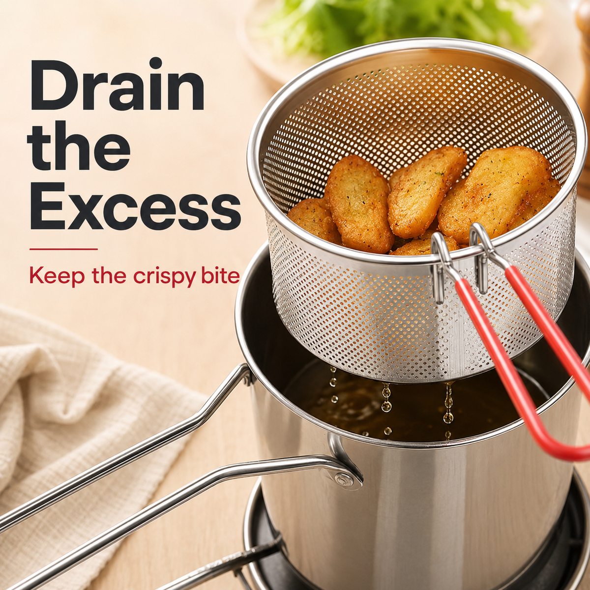 2026🍟 Personal Mini Deep Fryer Set – 304  Stainless Steel Pot with Lift-Out Draining Basket & Food Tongs