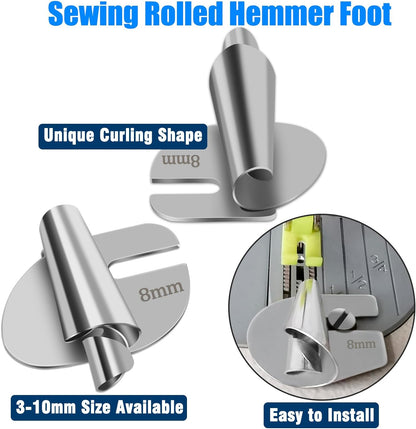 🧵8 PCS Stainless Steel Rolled Hemmer Foot Set | 3mm-10mm Sewing Hemming Guide