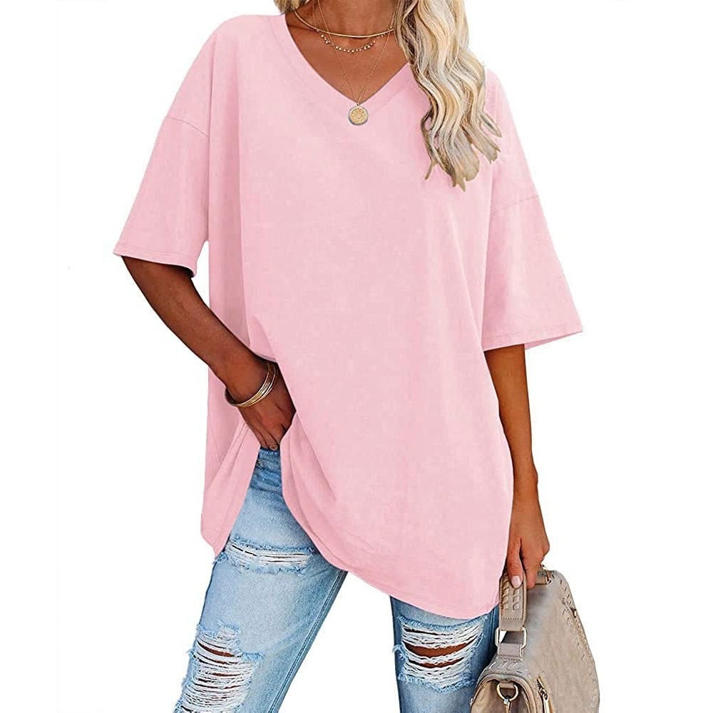 👚 Camisetas de manga corta de algodón de talla grande con cuello en V para mujer, corte holgado informal, tops tipo túnica 💖