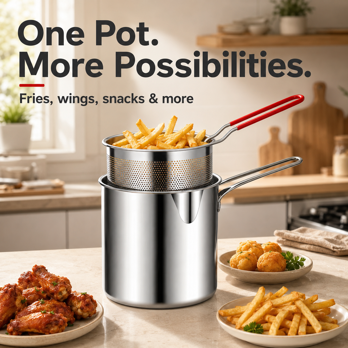 2026🍟 Personal Mini Deep Fryer Set – 304  Stainless Steel Pot with Lift-Out Draining Basket & Food Tongs