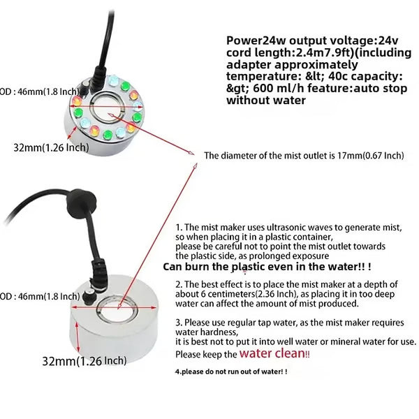 🥳2026 HOT SALE🥳💞50K+ SOLD! 🎃✨ 50% OFF! 12-LED Ultrasonic Mist Maker Fogger – Creates cool mist & colourful lights for Halloween décor, humidifiers & fountains. Quiet operation – just plug & play! 👻💧