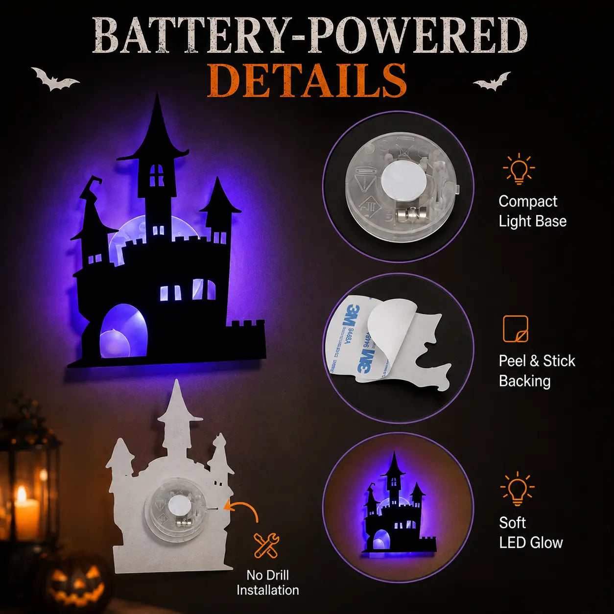 Halloween LED Silhouette Wall Light Stickers – Battery-Powered Waterproof Peel & Stick Window Decor