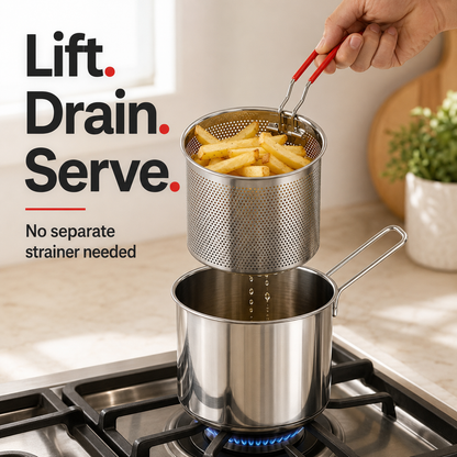 2026🍟 Personal Mini Deep Fryer Set – 304  Stainless Steel Pot with Lift-Out Draining Basket & Food Tongs