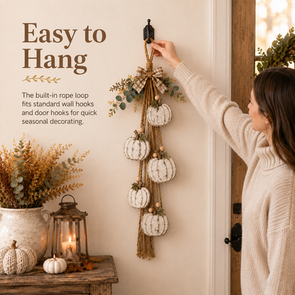 Rustic White Pumpkin Hanging Swag – Fall Door & Wall Decoration for Farmhouse Autumn Decor