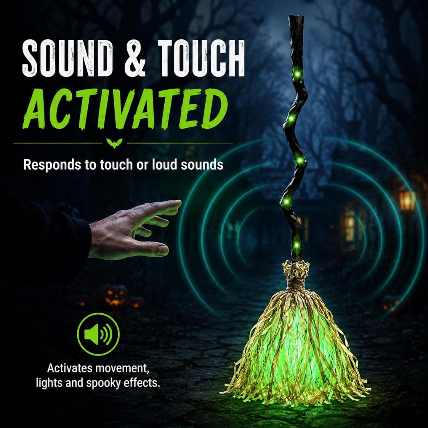 Animated Halloween Witch Broom with Lights, Sound and Motion Decor
