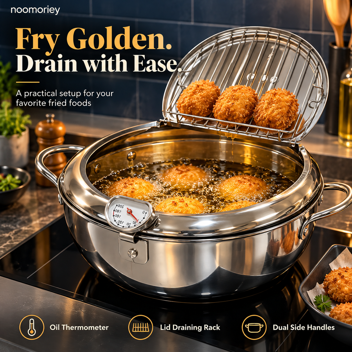🍗 Deep Frying Pot with Thermometer & Lid Draining Rack – Dual-Handle Frying, Stir-Frying & Boiling Pot