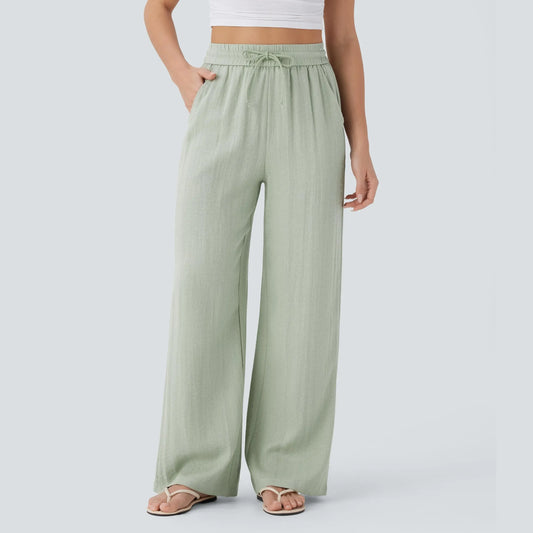 Pantalones casuales de pretina alta con cordón, bolsillos, pierna ancha y tacto de lino