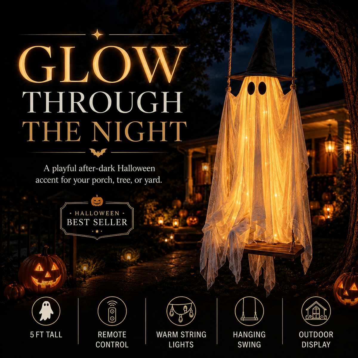 🔥 Last Day 60% OFF — 👻 LED Swinging Ghost Halloween Decoration — Glowing, Spooky & Perfect for Haunted Yard Decor