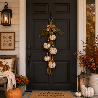 Rustic White Pumpkin Hanging Swag – Fall Door & Wall Decoration for Farmhouse Autumn Decor