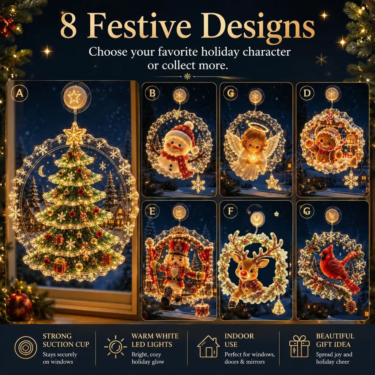 ✨🎄Lighted Christmas Window Decoration with Suction Cup | Flat Version Warm LED Window Light with Double-Layer Design & Multiple Festive Styles✨