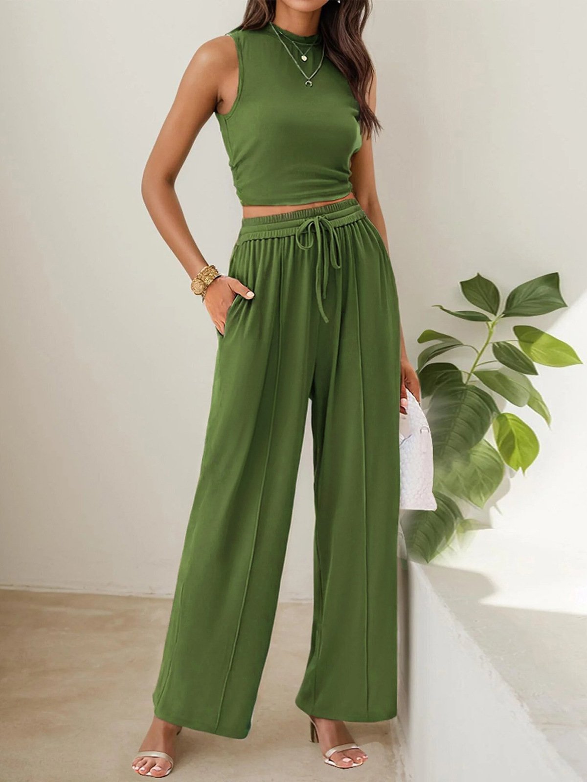 Women's Summer 2-Piece Outfits - Ribbed Knit Crew Neck Sleeveless Cropped Top & Wide Leg Pants Lounge Set.