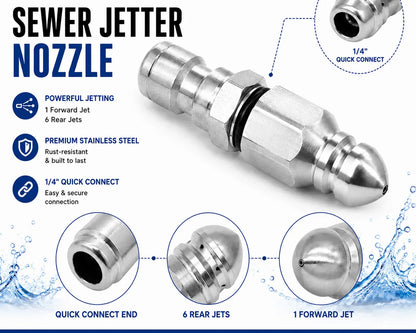 Stainless Steel Sewer Jetter Nozzle – 1/4' Quick Connect Drain Cleaning Attachment for Pressure Washers
