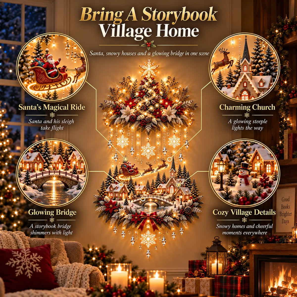 🎄 Illuminated Christmas Tree & Village Wall Hanging | Cascading Warm Lights for Living Rooms, Entryways & Staircases ✨