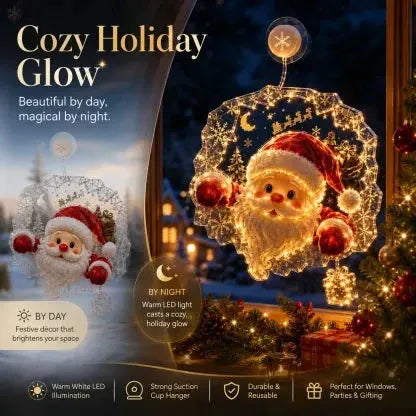 ✨🎄Lighted Christmas Window Decoration with Suction Cup | Flat Version Warm LED Window Light with Double-Layer Design & Multiple Festive Styles✨