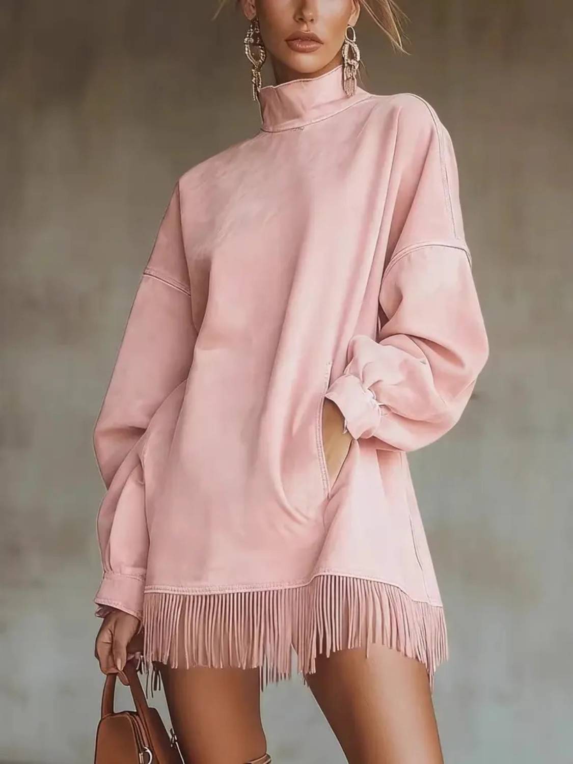 Limited time sale🔥Women's High Neck Oversized Fringe Sweatshirt Dress with Side Pockets