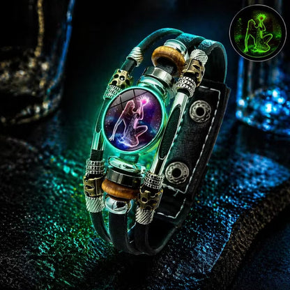 💥Limited-time 50% off ☪️Glow-in-the-dark leather zodiac sign bracelet for men and women (6.9/8.1 inches)♑️