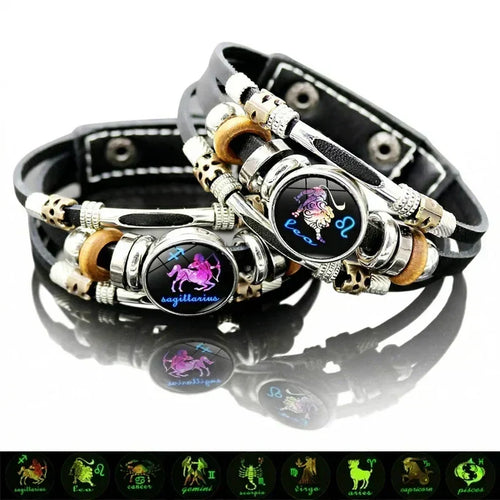 💥Limited-time 50% off ☪️Glow-in-the-dark leather zodiac sign bracelet for men and women (6.9/8.1 inches)♑️