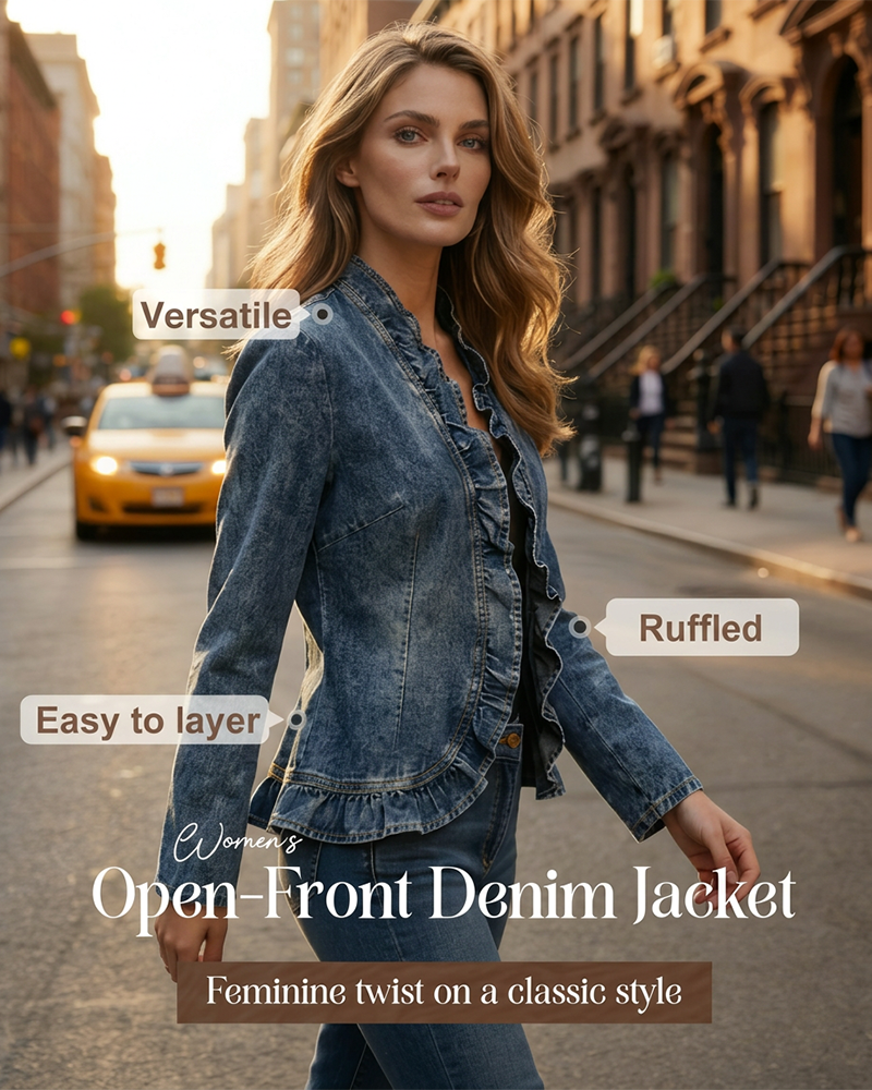 🧥  Women's Denim Jacket – Open-Front, Ruffle Trim, Lightweight, Classic Wash ✨