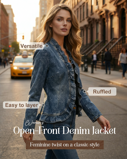 🧥  Women's Denim Jacket – Open-Front, Ruffle Trim, Lightweight, Classic Wash ✨