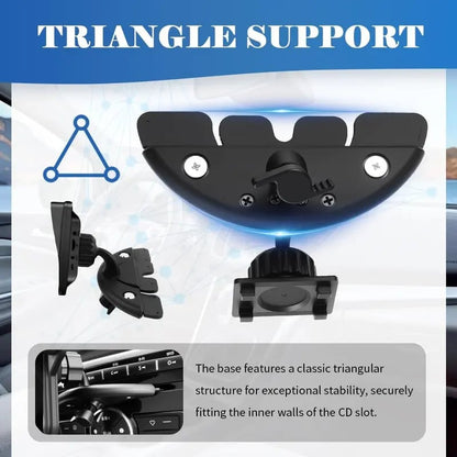 360° Rotating CD Slot Car Mount – Triangle Stable Holder for CarPlay Screens, GPS & Dashcams