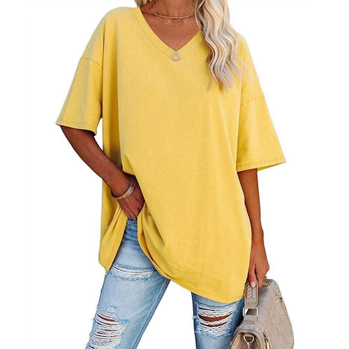 👚 Camisetas de manga corta de algodón de talla grande con cuello en V para mujer, corte holgado informal, tops tipo túnica 💖