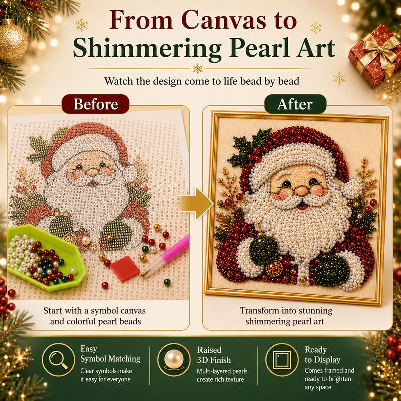Frameless 3D Beaded Christmas Pearl Diamond Painting, Xmas Wreath Stocking Mosaic Art🎄