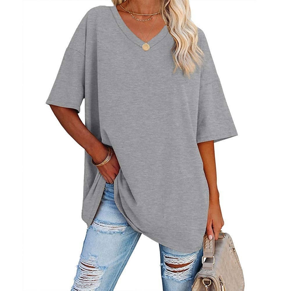 👚 Camisetas de manga corta de algodón de talla grande con cuello en V para mujer, corte holgado informal, tops tipo túnica 💖