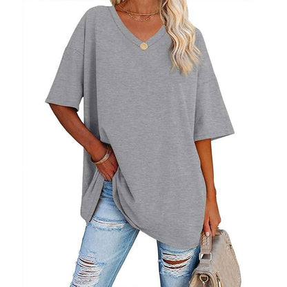 👚 Camisetas de manga corta de algodón de talla grande con cuello en V para mujer, corte holgado informal, tops tipo túnica 💖