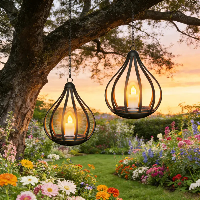 Solar Garden Lights Outdoor Metal Solar Water Drop Shape Candle Lantern
