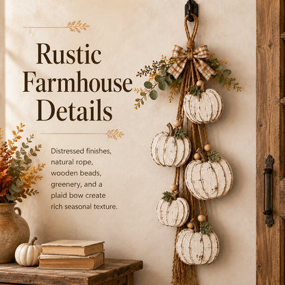 Rustic White Pumpkin Hanging Swag – Fall Door & Wall Decoration for Farmhouse Autumn Decor