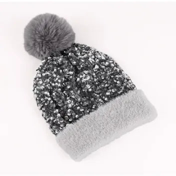 Sequin Fur Pom Beanie