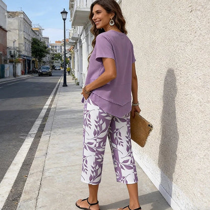 Casual Round Neck Layered Tunic Top and Wide Leg Pants Set