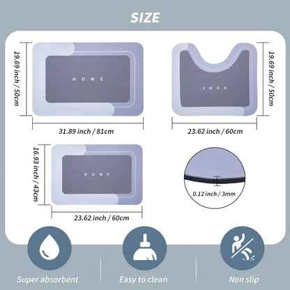 3-piece non-slip bathroom mat set, diatomaceous earth bath mat, absorbent indoor rug, suitable for bathroom, living room, kitchen, laundry room, etc., home decor, quick-drying mat, bathroom accessories, home essentials.