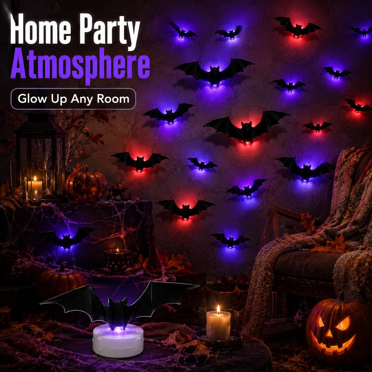 3D LED Glowing Bat Wall Decorations – Halloween Flying Bat Swarm Set