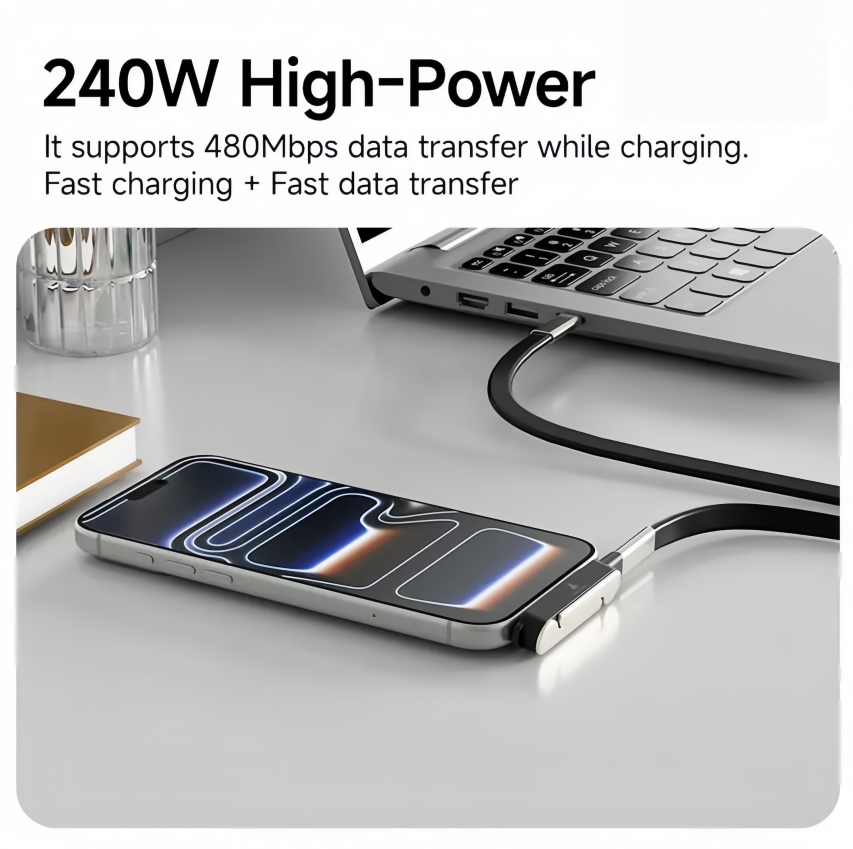 Cable de carga 2 en 1 desmontable con SuperCharge de 240 W y soporte invisible giratorio de 360°