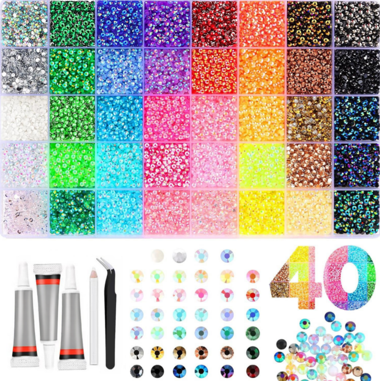 40,000 diamantes de imitación en 40 colores, base plana de gelatina de 3 mm, conjunto brillante